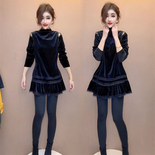 丝绒连衣裙女2025冬季 裙子 减龄露肩钉珠设计感拼接蕾丝花边中长款