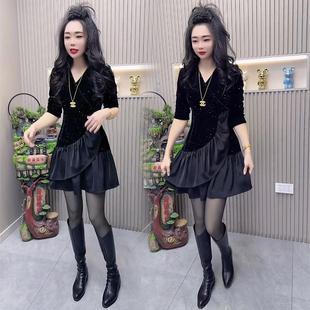 欧货金丝绒连衣裙女2025春季 洋气减龄显瘦v领设计感荷叶边中长裙