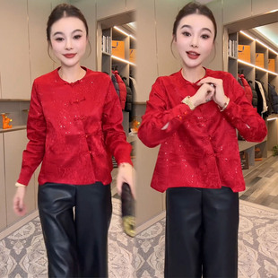 新年款中式国风衬衫女2026春季气质设计感斜襟亮片绣复古盘口上衣