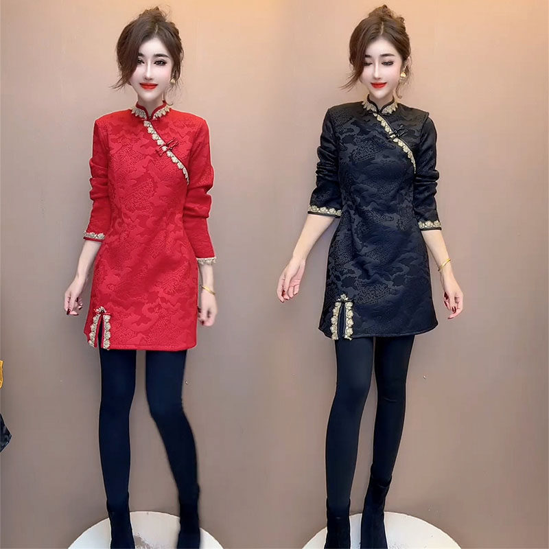 新中式提花连衣裙女2026春季加绒