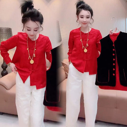 新中式国风时尚套装女2026春季本命年复古盘扣衬衫丝绒马甲两件套