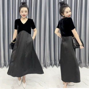 网红气质连衣裙女22夏季 v领洋气拼接金丝绒高腰显瘦设计感长裙潮