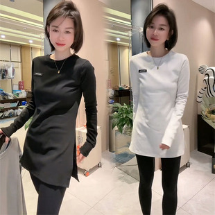 侧开叉贴气质上衣 设计感中长款 气质简约t恤女25秋冬新款 韩系长袖