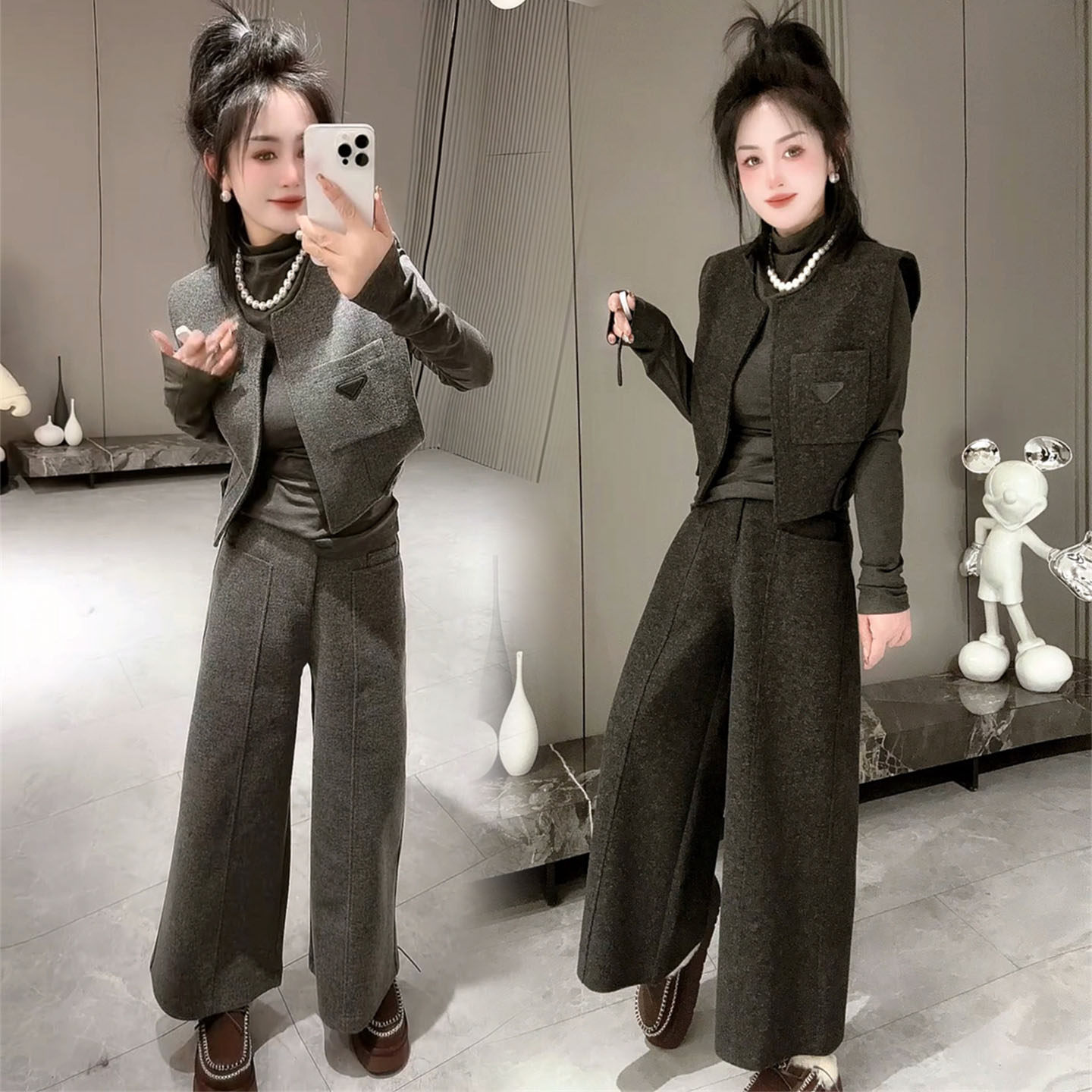 高级感千金小香风时尚套装女2026春秋粗花呢马夹t恤阔腿裤三件套,女装/女士精品,时尚套装,淘宝优惠券,粉丝福利购,淘宝优惠卷