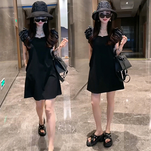 欧洲站赫本风小众设计感木耳边飞飞袖连衣裙女夏洋气高级感中长裙