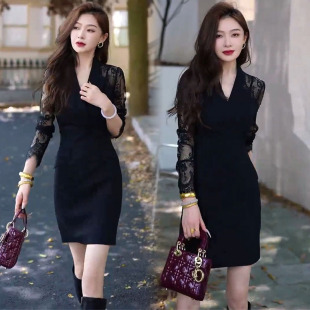 欧货高级感时尚连衣裙女2025秋冬洋气减龄蕾丝拼接假两件打底裙子