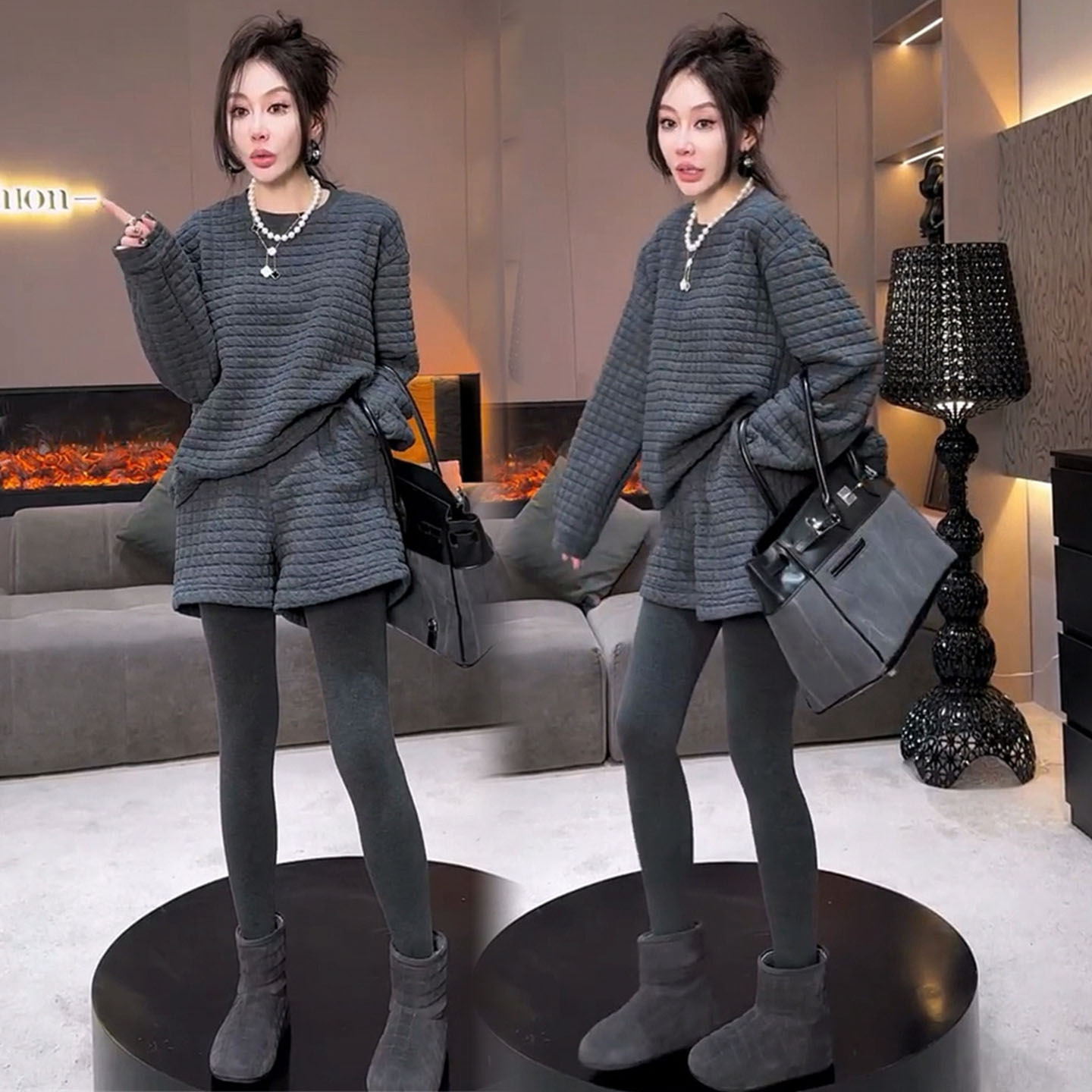 极简风时尚套装女2025秋冬高级感宽松减龄休闲韩版卫衣短裤两件套