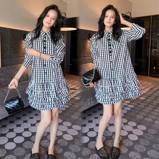 欧货黑白格子衬衫裙女2026春季连衣裙宽松显瘦收腰荷叶边连衣裙潮