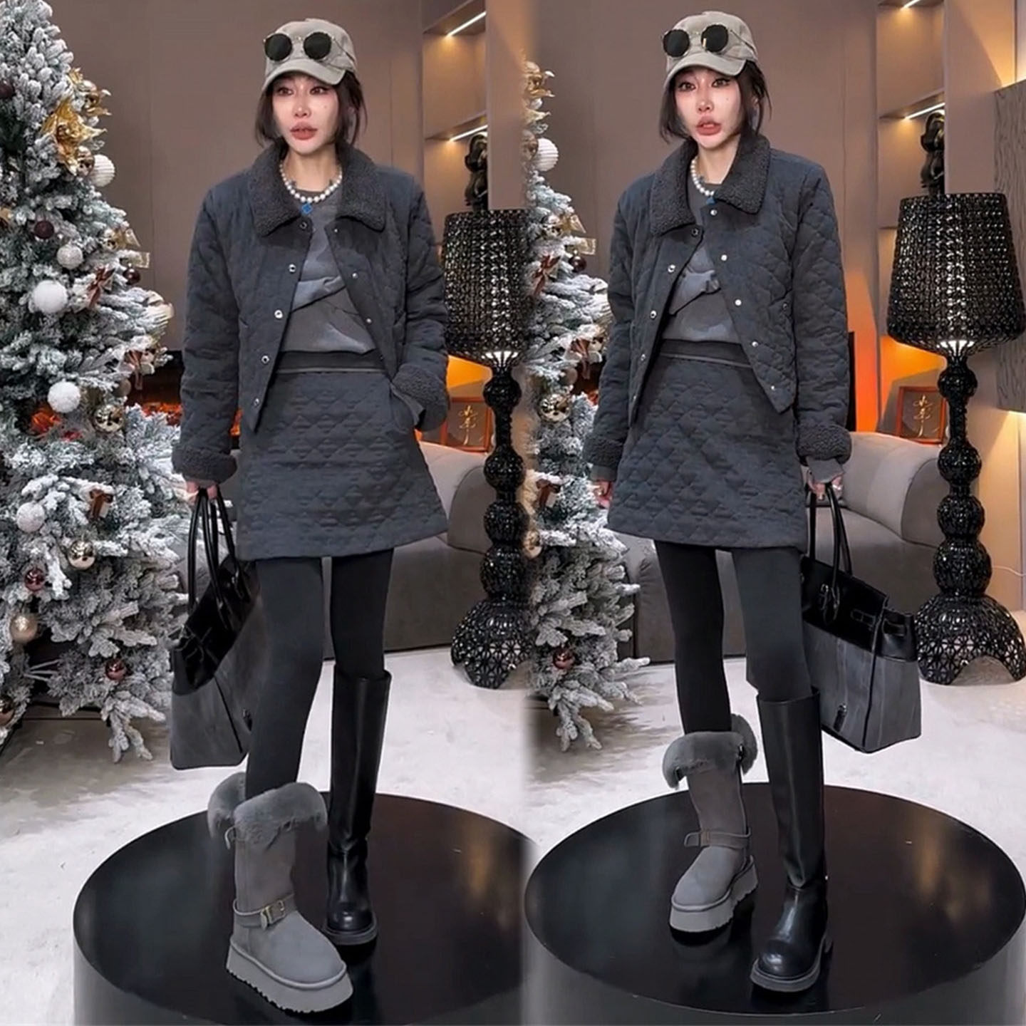 欧货格子减龄时尚套装女2025冬季洋气翻领长袖外套+半身裙两件套,女装/女士精品,时尚套装,淘宝优惠券,粉丝福利购,淘宝优惠卷