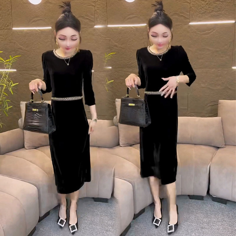 法式气质名媛丝绒连衣裙重工艺