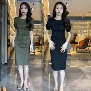 欧货气质短袖连衣裙女2025夏季洋气设计感小众显瘦收腰中长款裙子
