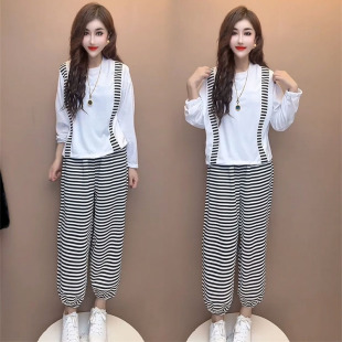 上衣条纹束脚裤 欧货时尚 减龄显瘦设计感长袖 套装 两件套 女2025秋季