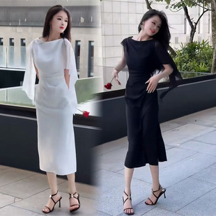 轻熟优雅风收腰连衣裙女2026夏季新款设计感气质御姐飘带中长裙子