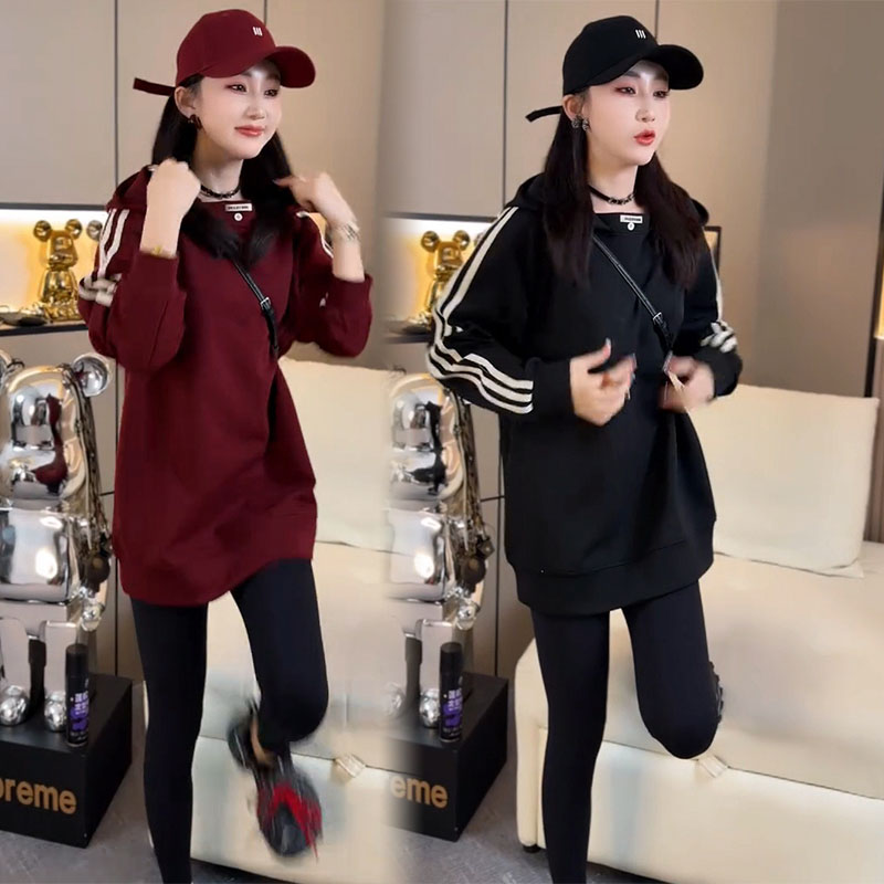 欧货加绒连帽卫衣中长款宽松上衣