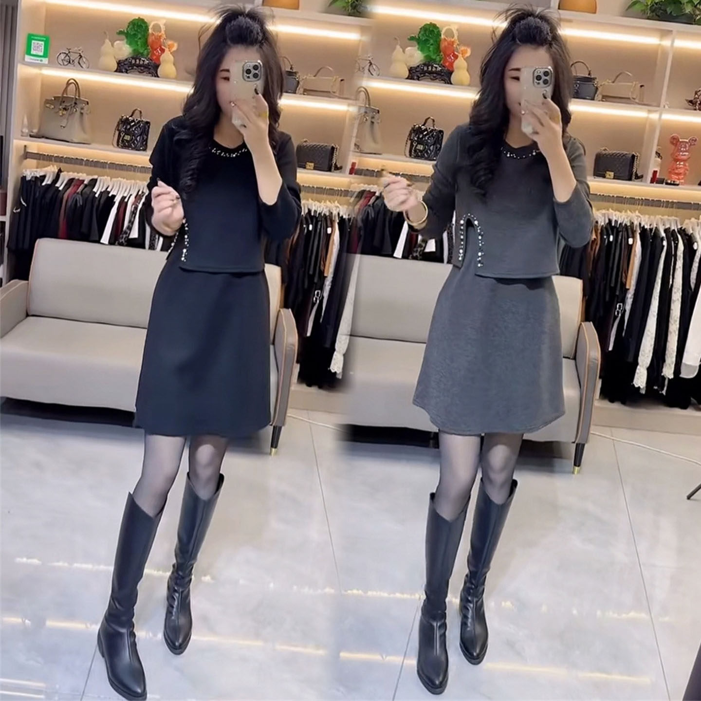 欧货小香风珍珠假两件连衣裙女2025冬季洋气设计感侧开叉显瘦裙子,女装/女士精品,连衣裙,淘宝优惠券,粉丝福利购,淘宝优惠卷