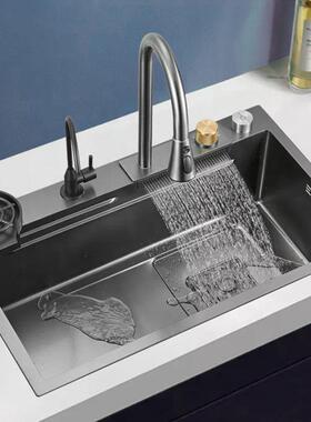 白色纳米飞雨瀑布水槽304不锈钢加厚洗菜盆厨房家用单槽带刀架