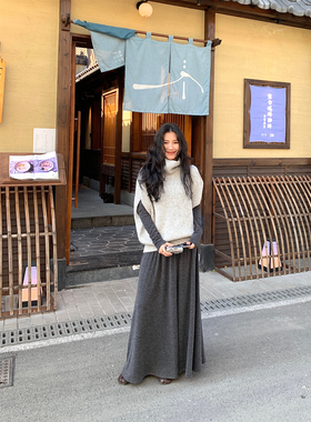 DaqianwithU 百搭斜肩修身长袖上t恤上衣秋冬显瘦高腰半身裙套装