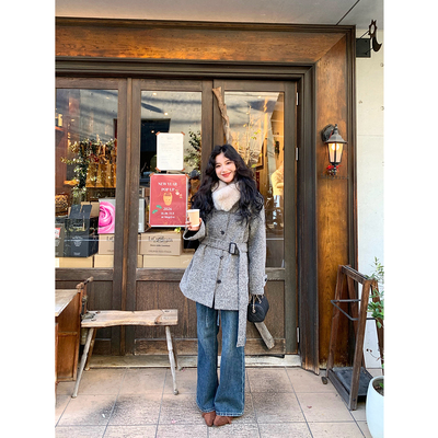 DaqianwithU 复古洗水蓝高腰直筒显瘦腿精猫须牛仔裤腰带可拆卸