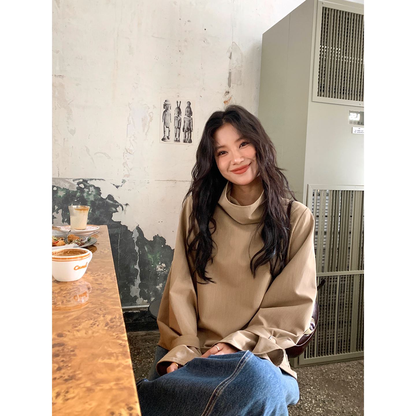 DaqianwithU 小众设计感多穿高领翻领短款上衣女秋季宽松百搭衬衫