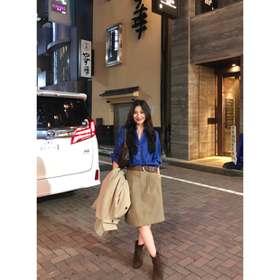 DaqianwithU 宽腰直筒半身裙女宽松打褶纯色复古休闲中裙 百搭王