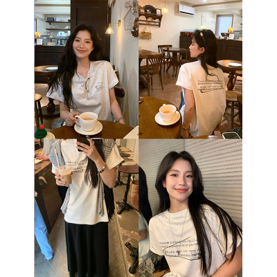 DaqianwithU 自制别针设计感小众短袖T恤女灰色圆领宽松上衣