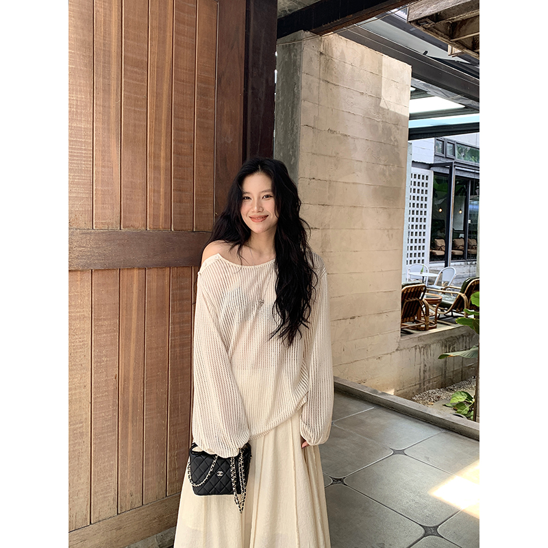 DaqianwithU春秋简约风薄款镂空上衣女2025通勤松弛高级感长袖T恤