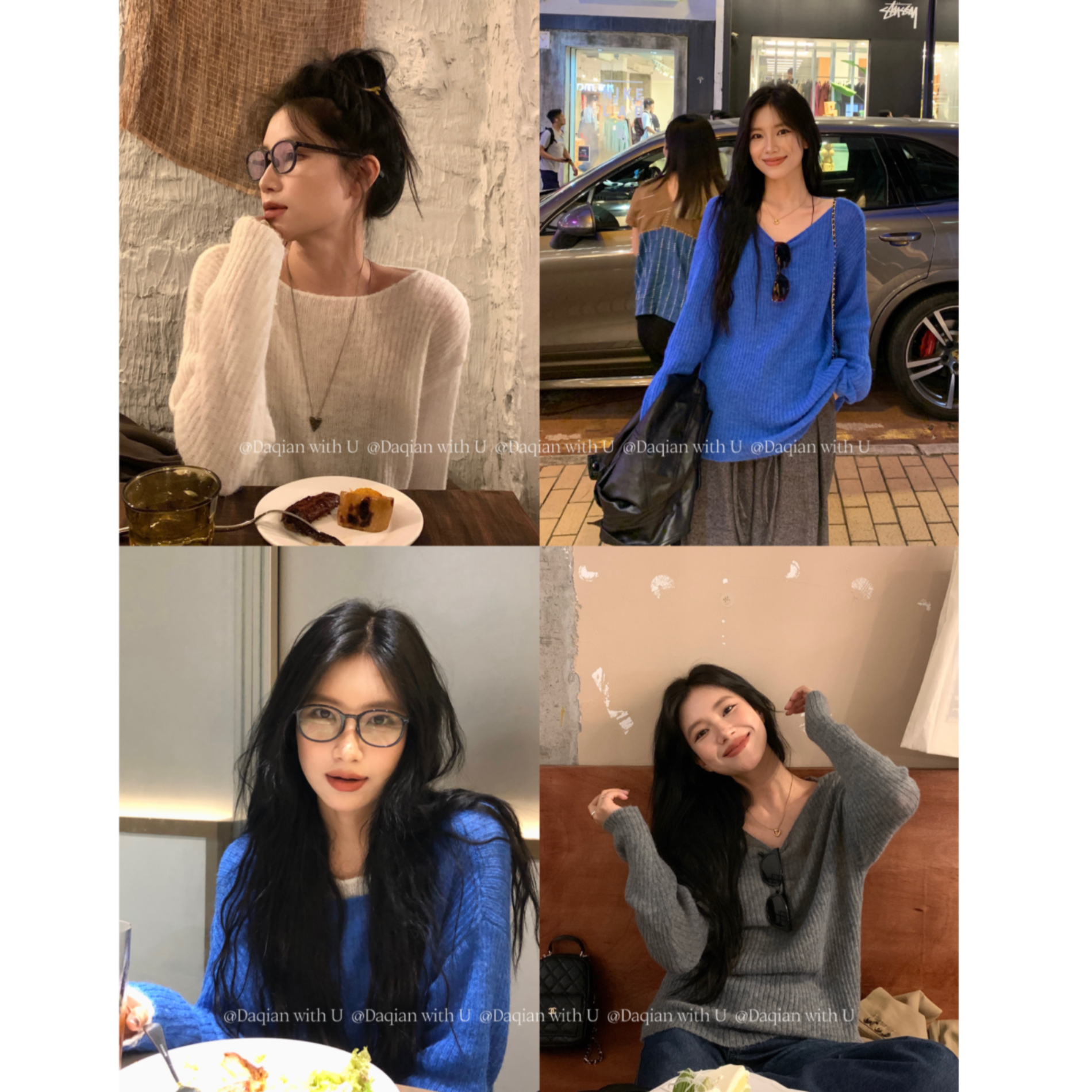 鄭大钱 亲肤柔软感 毛衣女新款秋季外穿薄款懒高级蓝色上衣
