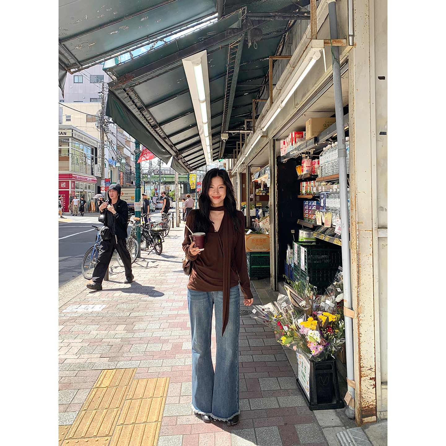 DaqianwithU 咖色挂脖飘带v领交叉上衣女软糯长袖慵懒高级感T恤