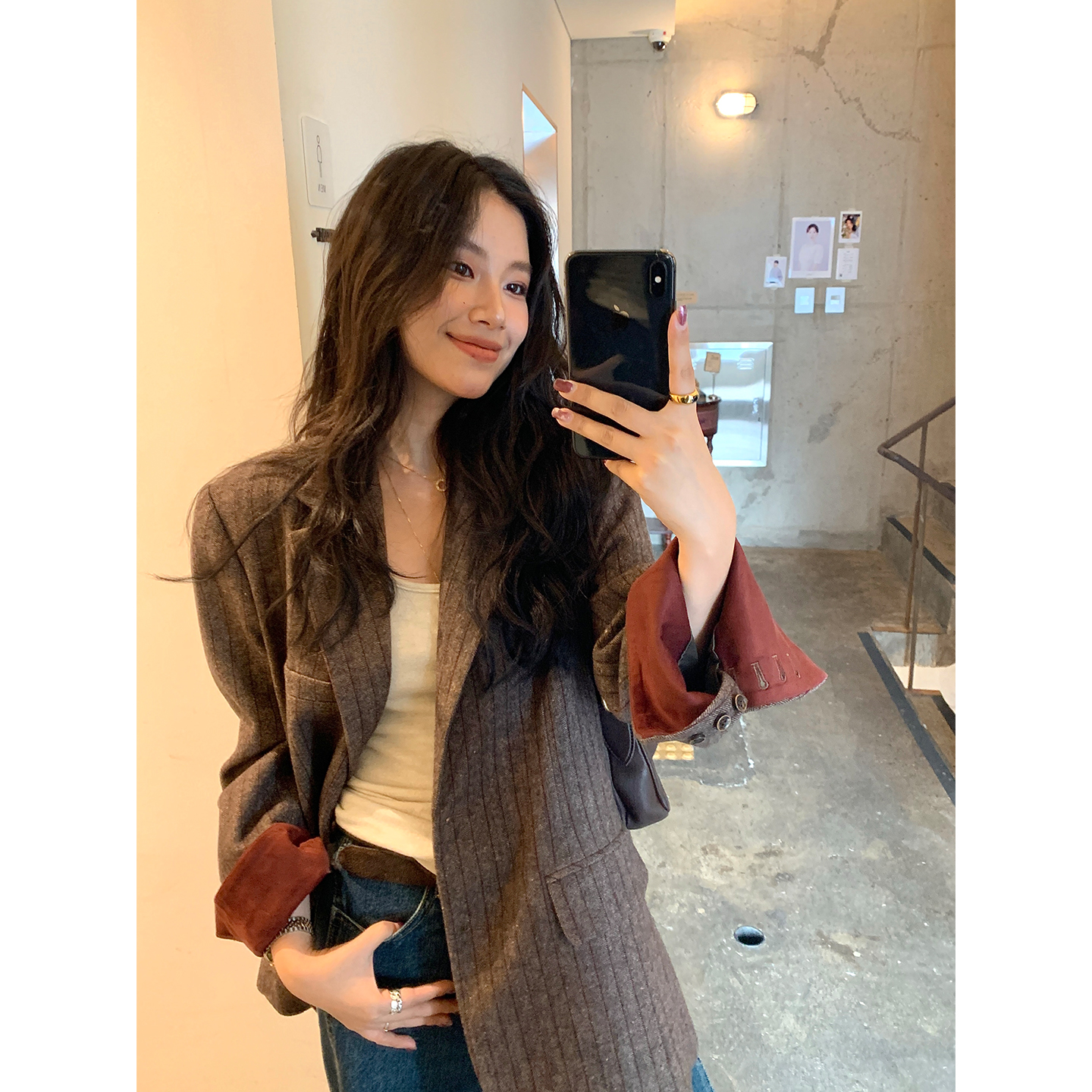 DaqianwithU 羊毛红条纹翻袖撞色呢子西装外套女秋冬百搭显瘦上衣