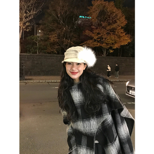 DaqianwithU 羊毛羊驼两面穿披肩新款中长款格子双面呢大衣外套女