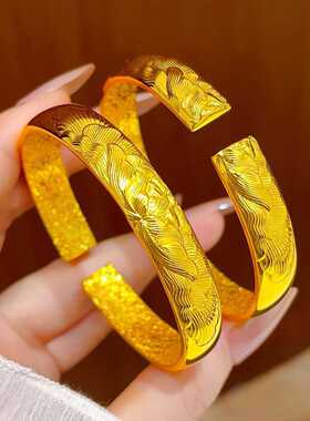 古法沙金錾刻牡丹花手镯内锤纹实心开口富贵花复古女镯子饰品批发