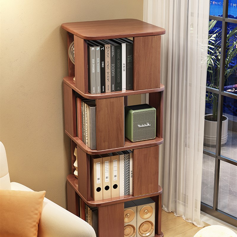 实木旋转书架落j地省空间儿童绘本收纳架360度床头书柜客厅置物架