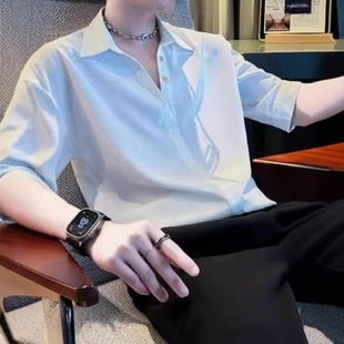 V领polo衫男痞帅衬衫纯色夏季冰丝短袖男款2026新款凉感七分袖t恤