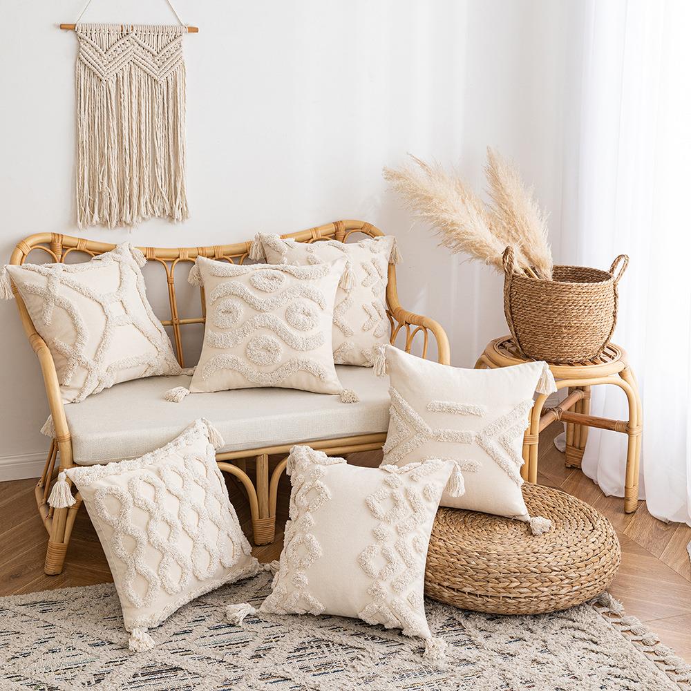 簇绒流苏靠垫卧室沙发靠枕抱枕套ins风侘寂风波西米亚米白色民宿