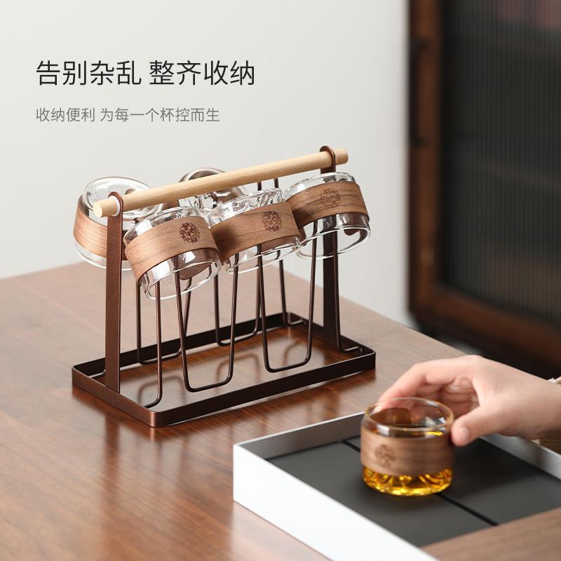 茶杯套装6只家用客厅高档加厚耐热防烫玻璃杯喝水杯沥水杯架套组