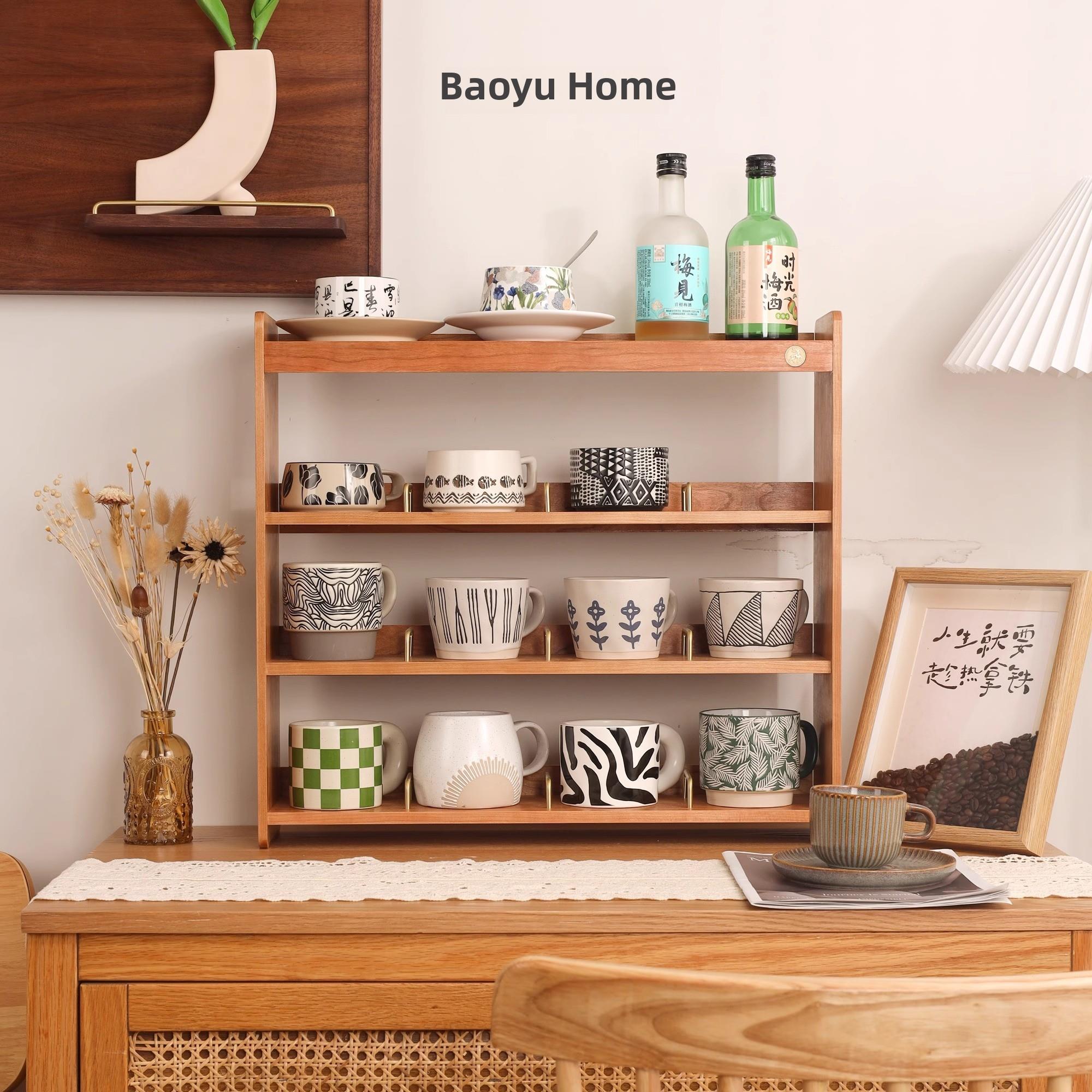 实木水杯架桌面多层分格茶杯马克杯咖啡角轻奢高级感收纳置物架子