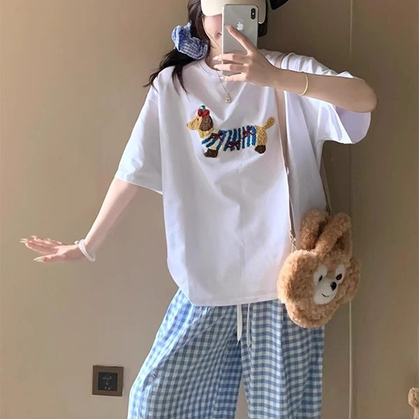 可爱少女感休闲运动套装女夏季韩版刺绣短袖格子裤减龄百搭两件套