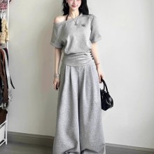 夏季新款时尚韩系休闲运动套装女字母刺绣一字斜肩短袖短裙两件套
