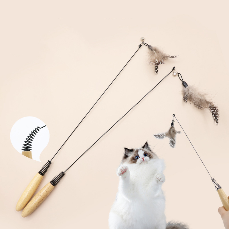 T逗猫棒B1pq801-木柄弹簧逗猫棒羽毛铃铛可拆卸替换头长杆猫玩具