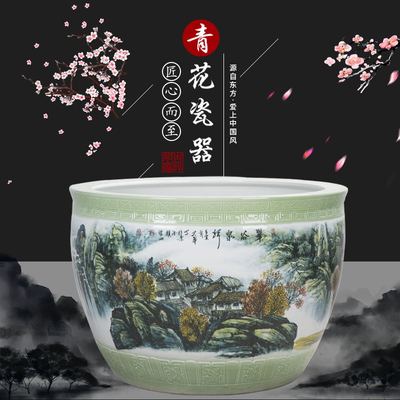 大缸陶瓷手绘青花山水阳台客厅庭院古法养鱼睡莲荷花锦鲤乌龟水缸