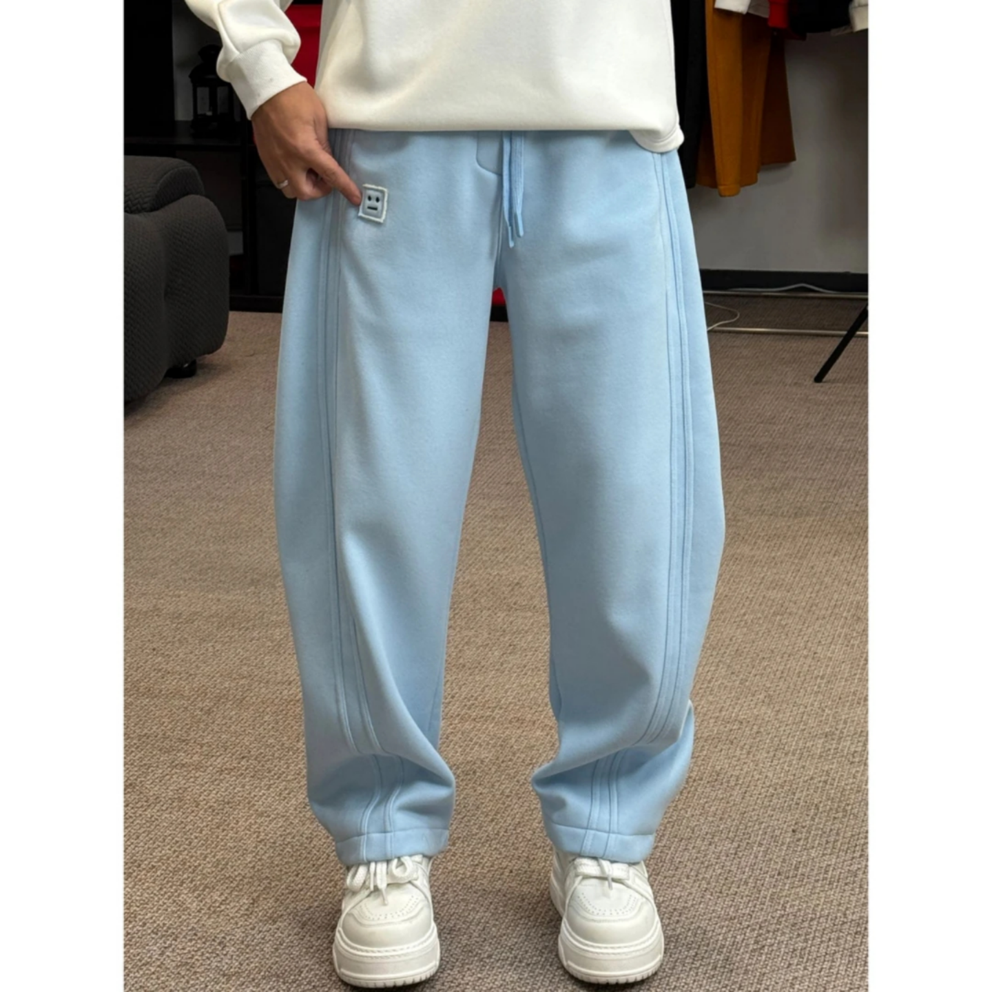 冬季时尚加绒加厚保暖舒适休闲裤男简约纯色结构潮流直筒弯刀卫裤