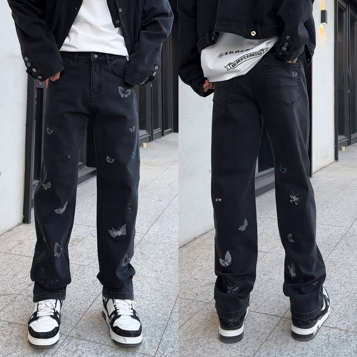 酷感暗黑风蝴蝶牛仔裤男直筒个性长裤美式高街复古休闲裤小众设计