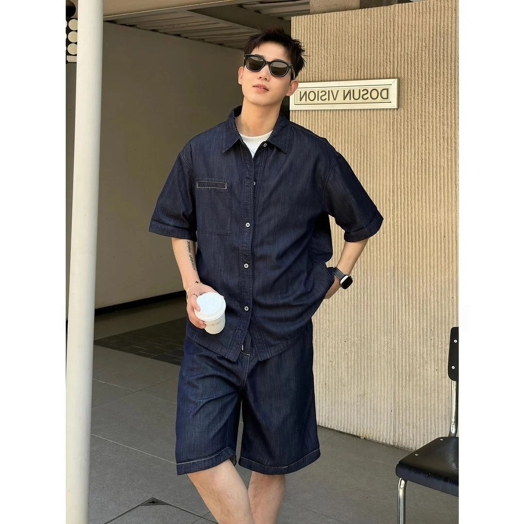 夏季休闲运动拼接高级感松弛感套装牛仔风男士短袖衬衫短裤两件套