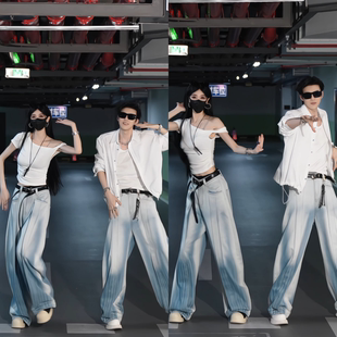 美式复古渐变色牛仔裤男款秋季潮牌宽松直筒阔腿裤高街休闲长裤子