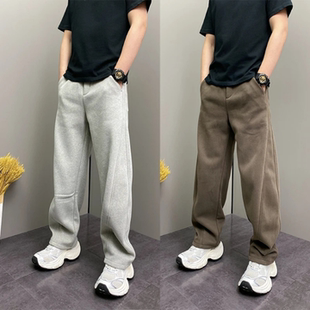 冬季加绒加厚简约百搭弯刀休闲裤男士宽松显瘦直筒运动裤舒适保暖