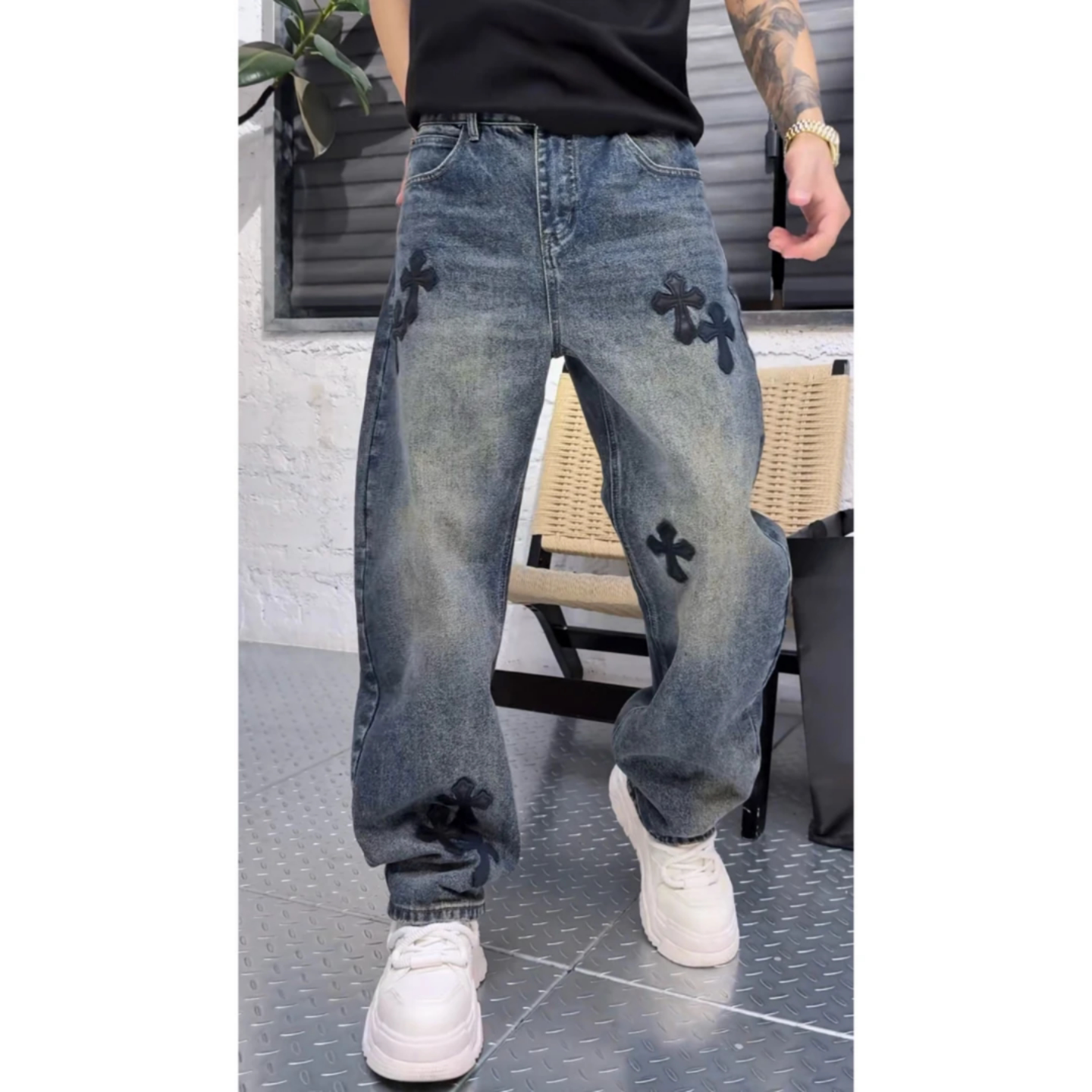 冬季新款男十字花拼片直筒牛仔裤