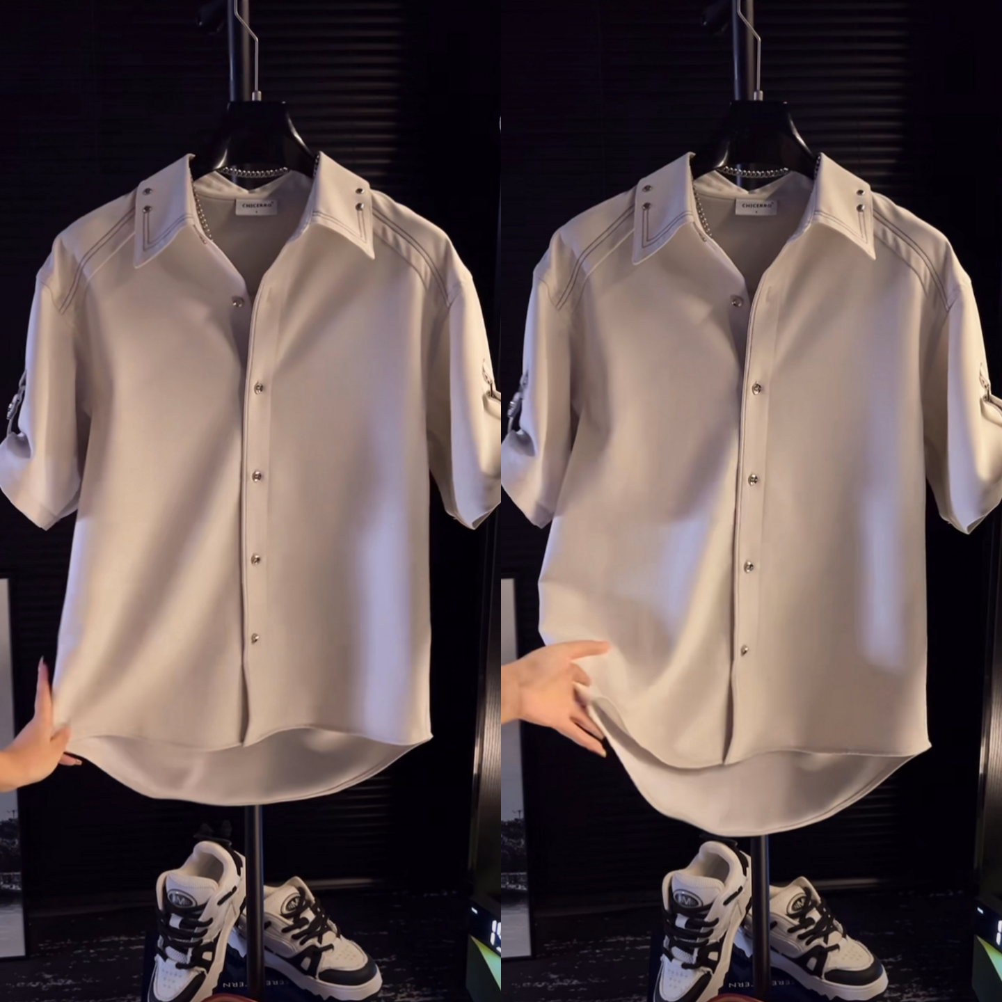 【直播间同款】时尚百搭男装明线撞钉衬衫短袖小众设计感潮流T恤