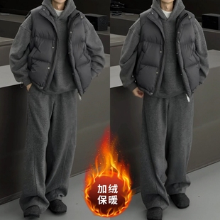 连帽卫衣两件套高街潮牌百搭情侣款 男士 加绒保暖休闲运动套装 冬季