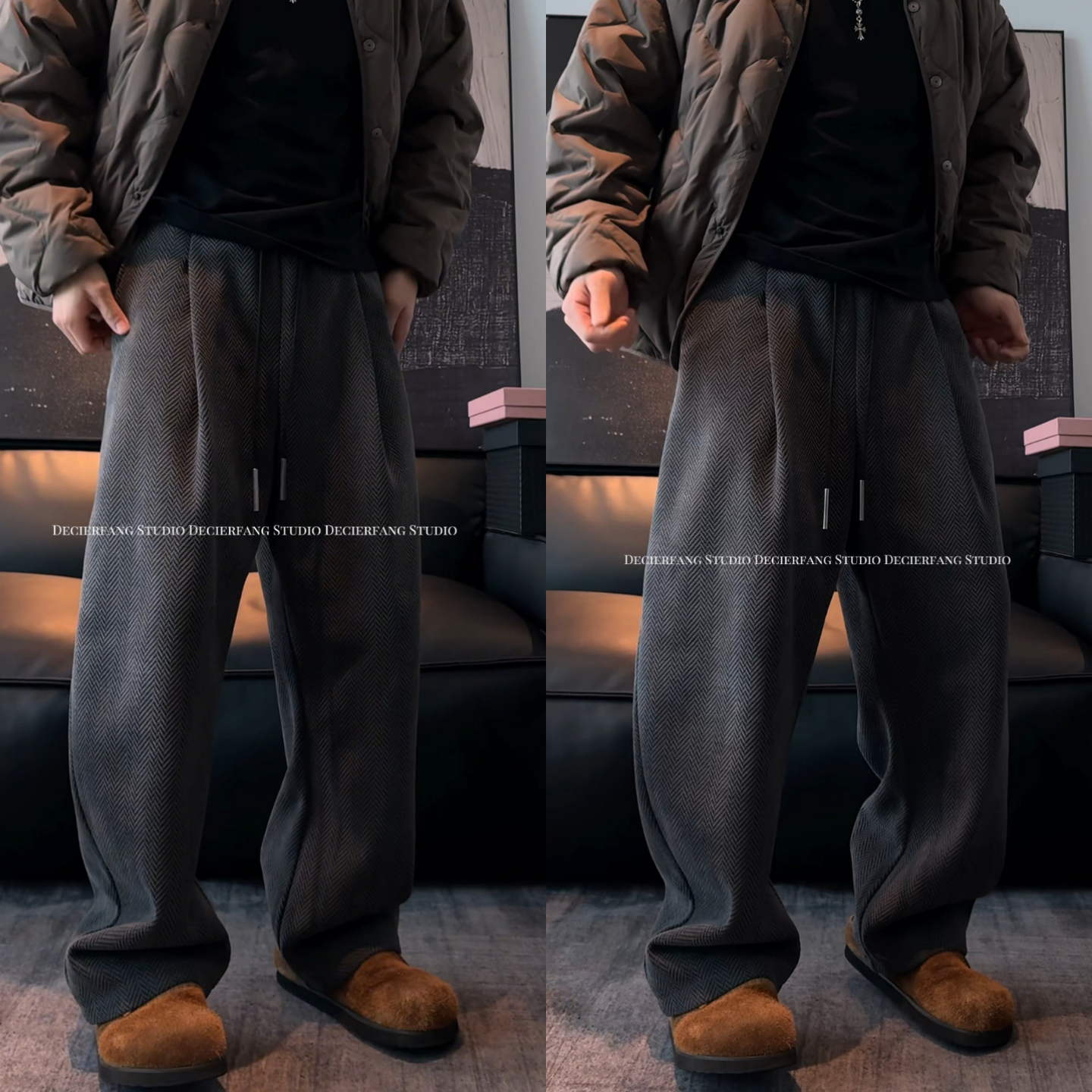 冬季重磅加绒人字纹休闲裤男士宽松百搭直筒阔腿长裤潮流垂感卫裤