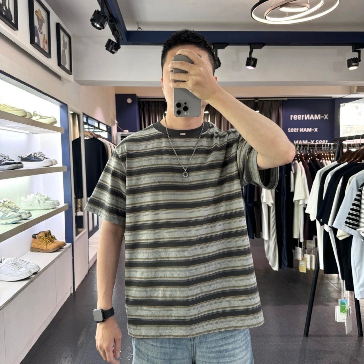 夏季新款休闲复古条纹设计圆领撞色洋气百搭时尚减龄短袖T恤男士